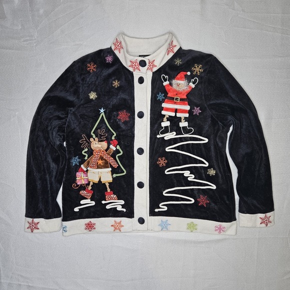 Onque Petite Sweaters - Onque Petite Womens Navy Velour Christmas‎ Santa Reindeer Button Cardigan PS